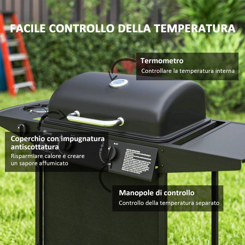 Outsunny Barbecue a Gas con 3 Bruciatori Indipendenti e Coperchio con Termometro, 108x54x97 cm, Nero