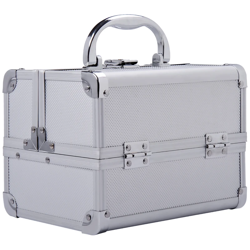 HOMCOM Estojo de Maquiagem Profissional Portátil de Cosméticos com Bandejas de 3 Níveis e Espelho 2 Chaves para Porta-Joias Manicure 15x15x20cm Prata