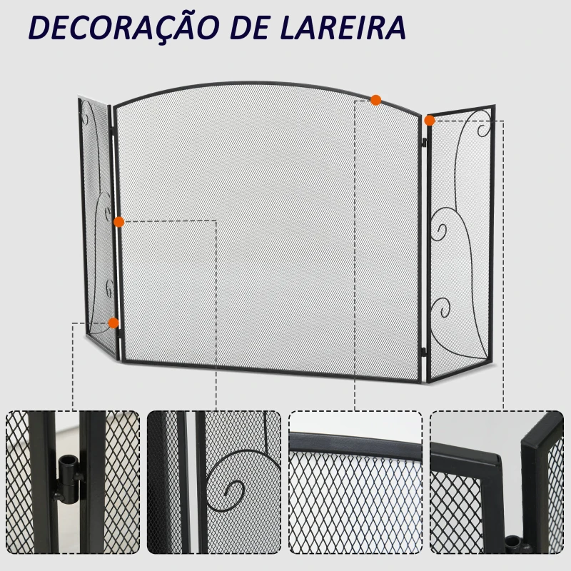 HOMCOM Frente para Lareira de 3 Painéis Dobrável com Dobradiças Estrutura Metálica e Malha Decorativa 132,5x76,5cm Preto