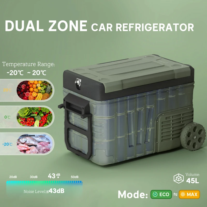 Outsunny 33L Car Fridge Freezer Dual Zone, Portable Camping Fridge 12V/24V DC & 100-240V AC, Electric Cool Box -20℃-20℃ with Wheels and LED Light, for Travel, RV, Road Trip, Picnic [Energy Class E]