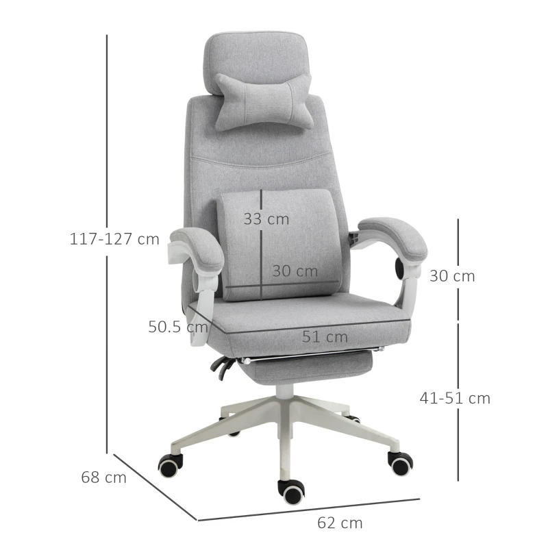 Vinsetto Office Chair, Ergonomic Desk Chair, High Back Fabric Work Chair with 160° Reclining Backrest, Retractable Footrest, Neck and Lumbar Pillow for Home and Study, Grey