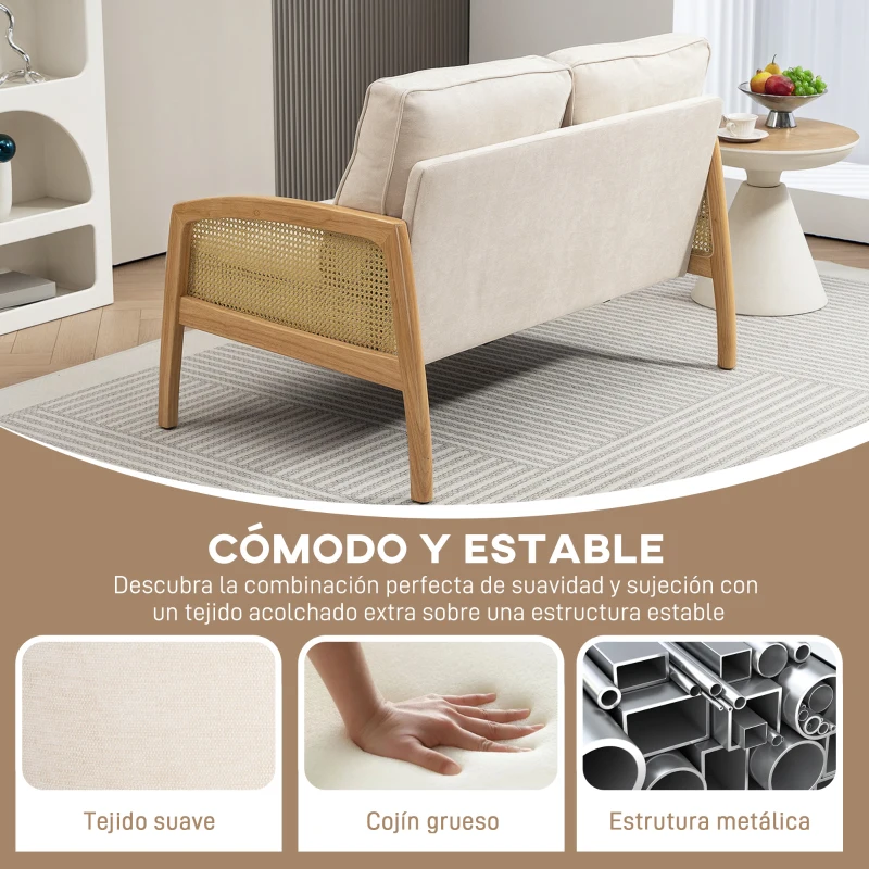 HOMCOM Sofá de 2 Plazas Tapizado en Chenilla con 2 Almohadas Lavables y Reposabrazos de Ratán Sintético 123x75x88 cm Beige