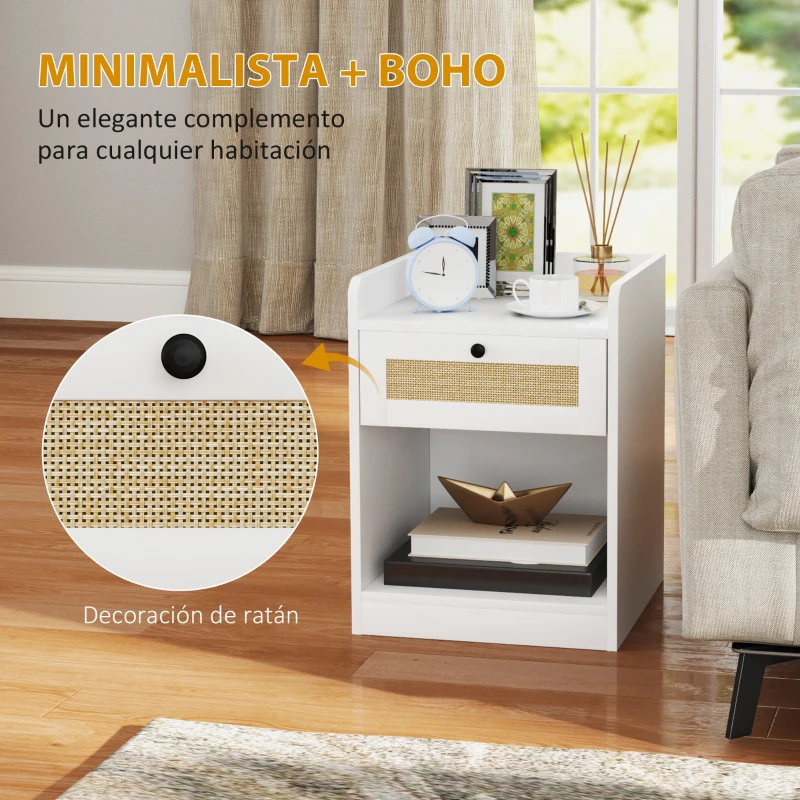 HOMCOM Juego de 2 Mesillas de Noche para Dormitorio con Cajón con Frontal de Ratán 40x40x53 cm Blanco