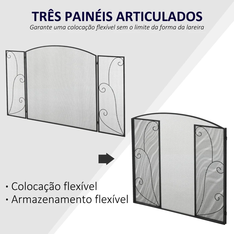 HOMCOM Frente para Lareira de 3 Painéis Dobrável com Dobradiças Estrutura Metálica e Malha Decorativa 132,5x76,5cm Preto
