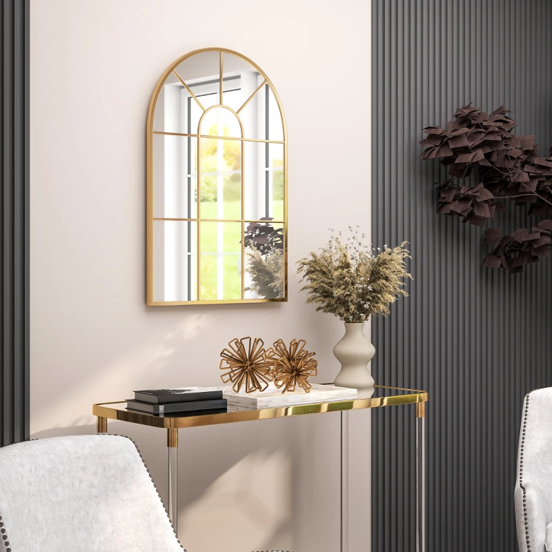 HOMCOM Oglindă de Perete Modernă în Formă de Arc cu Ramă și Cârlige, pentru Sufragerie și Hol, 91x60 cm, Auriu
