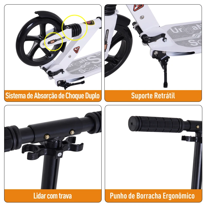 HOMCOM Trotinete dobrável altura ajustável e guiador para adultos e crianças acima de 14 anos com rodas grandes e freio Carga 100kg branco