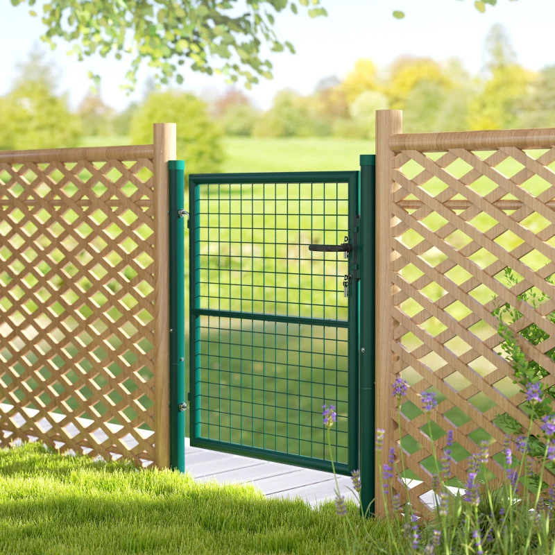 Outsunny Puerta de Jardín de Acero con Cerradura y Llaves con Asa Cerradura y 3 Llaves para Exterior Patio 100x79 cm Verde
