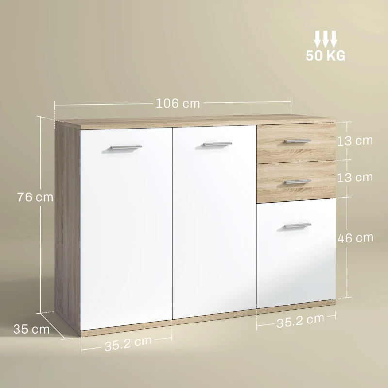 HOMCOM Credenza Moderna con 3 Armadietti e 2 Cassetti, in Legno, 106x35x76 cm, color Legno