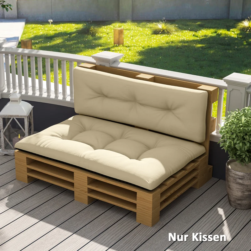 Outsunny Palletkussenset 2-delig Zitkussen en Rugleuning met Getuft Ontwerp 120 x 77 x 10 cm Beige