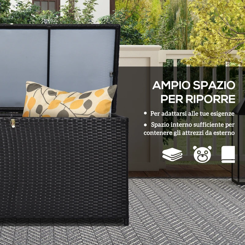 Outsunny Baule da Esterno da 284L con Pistone a Gas, Rattan PE e Acciaio, 118x54x59 cm, Marrone Scuro