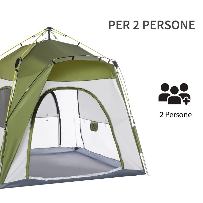 Outsunny Tenda da Campeggio 2 Posti Pop Up con Porta a Cerniera e 3 Finestre, 240x240x199 cm, Verde