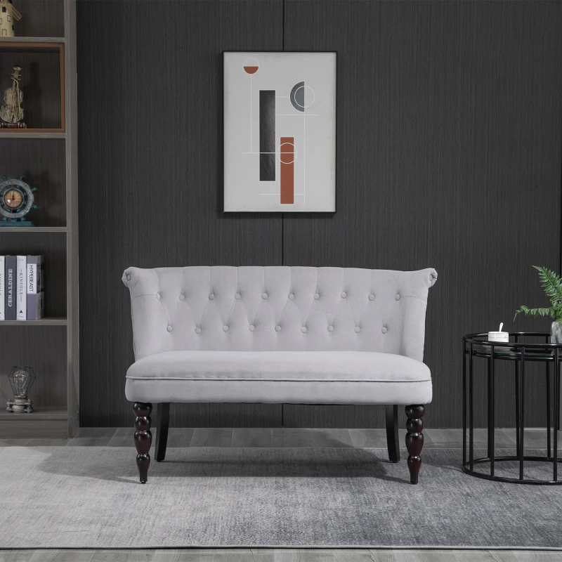 HOMCOM Loveseat with Wood Frame, Compact 2 Seater Sofa, Button Tufted Chaise Lounger with Carved Legs, Vintage Design for Bedroom Living room, Grey