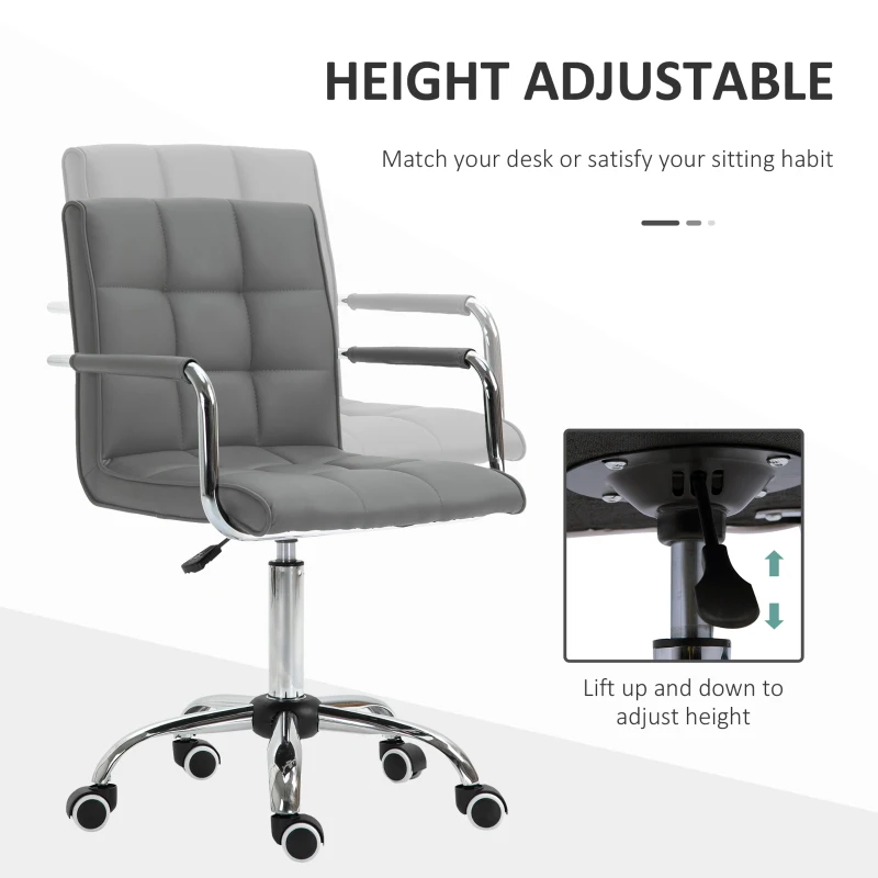 Vinsetto Mid Back PU Leather Home Office Desk Chair, Swivel Computer Chair with Arm, Wheels, Adjustable Height, Grey