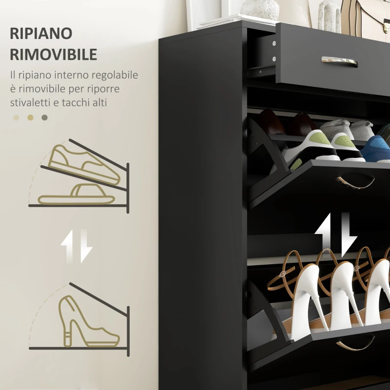 HOMCOM Mobile Scarpiera da 12 Paia con 2 Ripiani Interni Regolabili e 2 Cassetti, in Legno, 80x30x91.5 cm, Nero