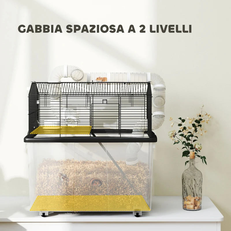 PawHut Gabbia per Criceti a 2 Piani con Ruote, Tubi, Ciotola, Bottiglia e Rampa, 58x43x57 cm, Nero