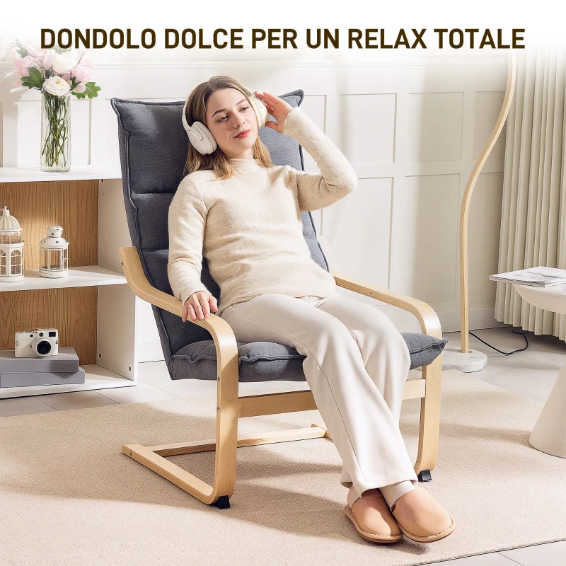 HOMCOM Poltrona a Dondolo Moderna con Braccioli in Legno e Cuscini Spessi in Velluto, 67x83x105 cm, Grigio