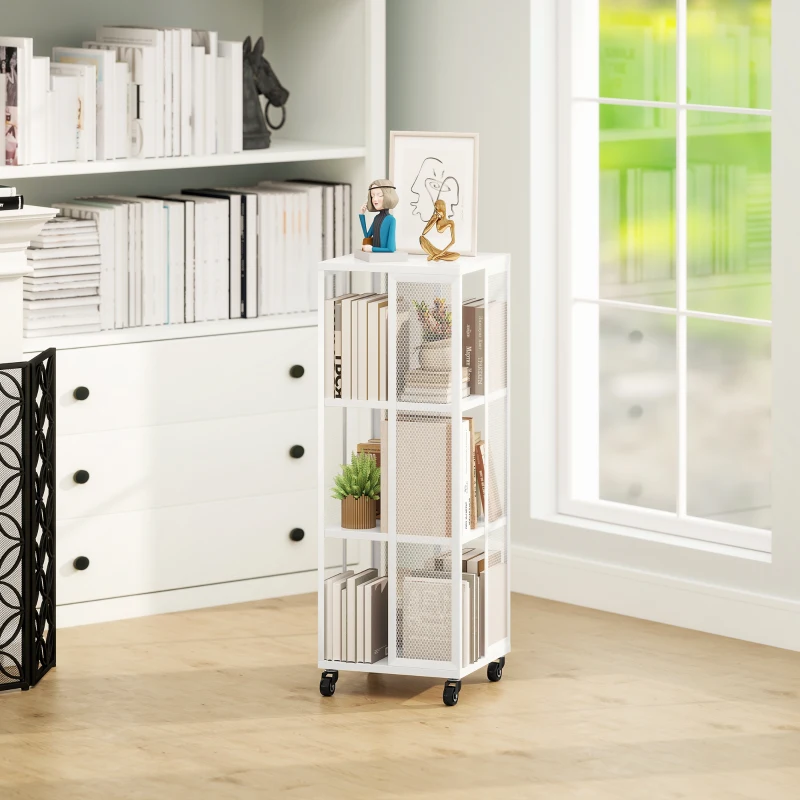 HOMCOM Libreria Moderna a 3 Ripiani in Metallo a Rete con Ruote, 35x35x99 cm, Bianco