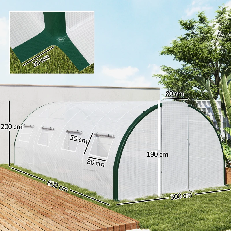 Outsunny Serra a Tunnel 6x3 m con 2 Ingressi e 8 Finestre, in PE, Poliestere e Acciaio Zincato, Bianco e Verde