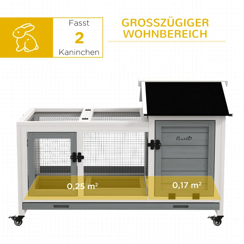 PawHut Kleintierstall für Zwergkaninchen, Meerschweinchen, mit Rädern, 108 x 58 x 73,5 cm, Grau(m-4)