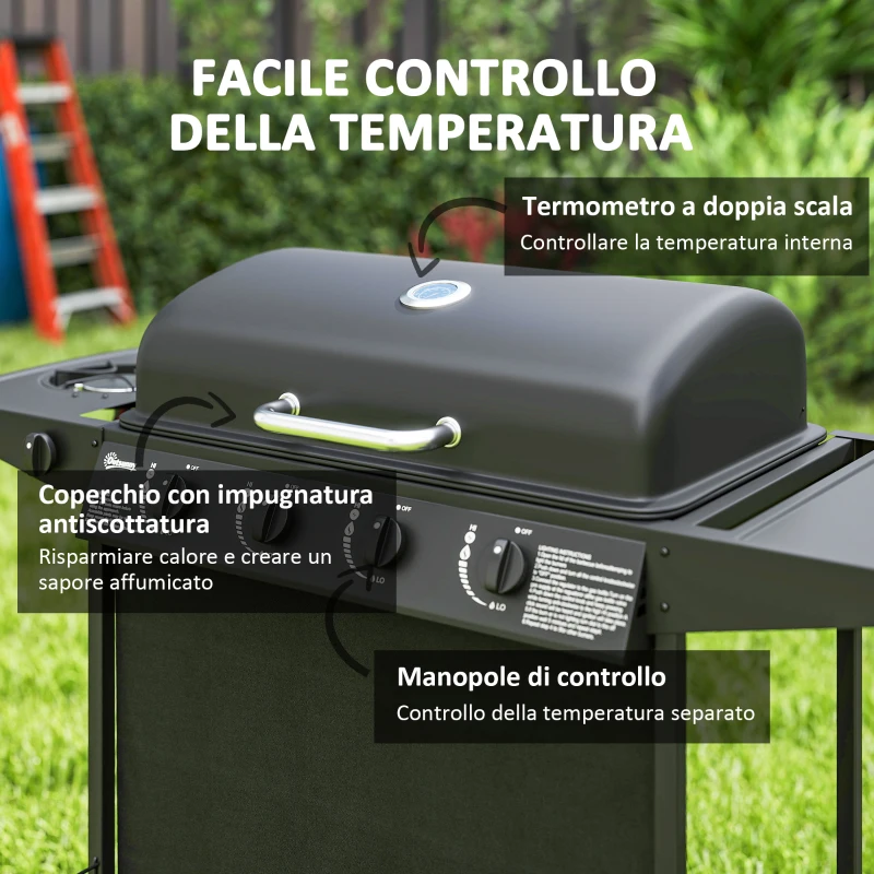 Outsunny Barbecue a Gas con 4+1 Bruciatori Indipendenti e Coperchio con Termometro, 121x54x97 cm, Nero