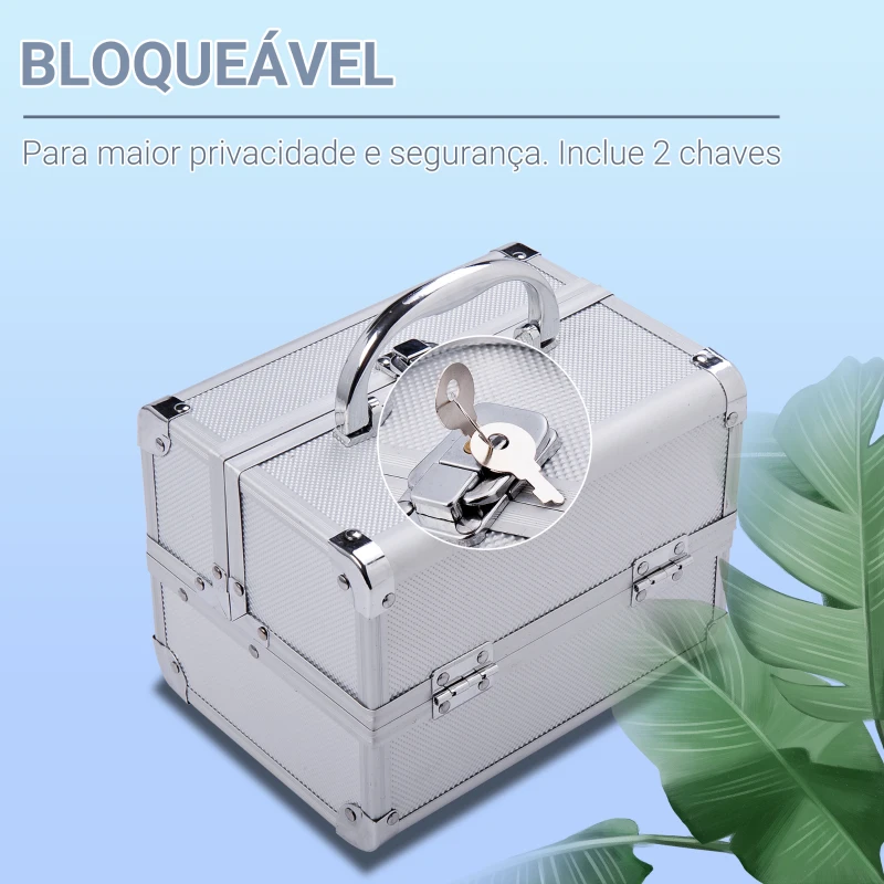 HOMCOM Estojo de Maquiagem Profissional Portátil de Cosméticos com Bandejas de 3 Níveis e Espelho 2 Chaves para Porta-Joias Manicure 15x15x20cm Prata
