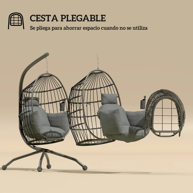 Outsunny Silla Colgante con Soporte Cesta Plegable Cojín y Reposacabezas para Interior y Exterior Carga 120 kg Negro