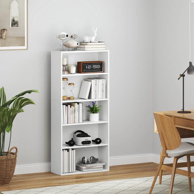 HOMCOM Mobile Libreria a 5 Ripiani con 3 Scaffali Flessibili, in Legno, 60x24x133.5 cm, Bianco