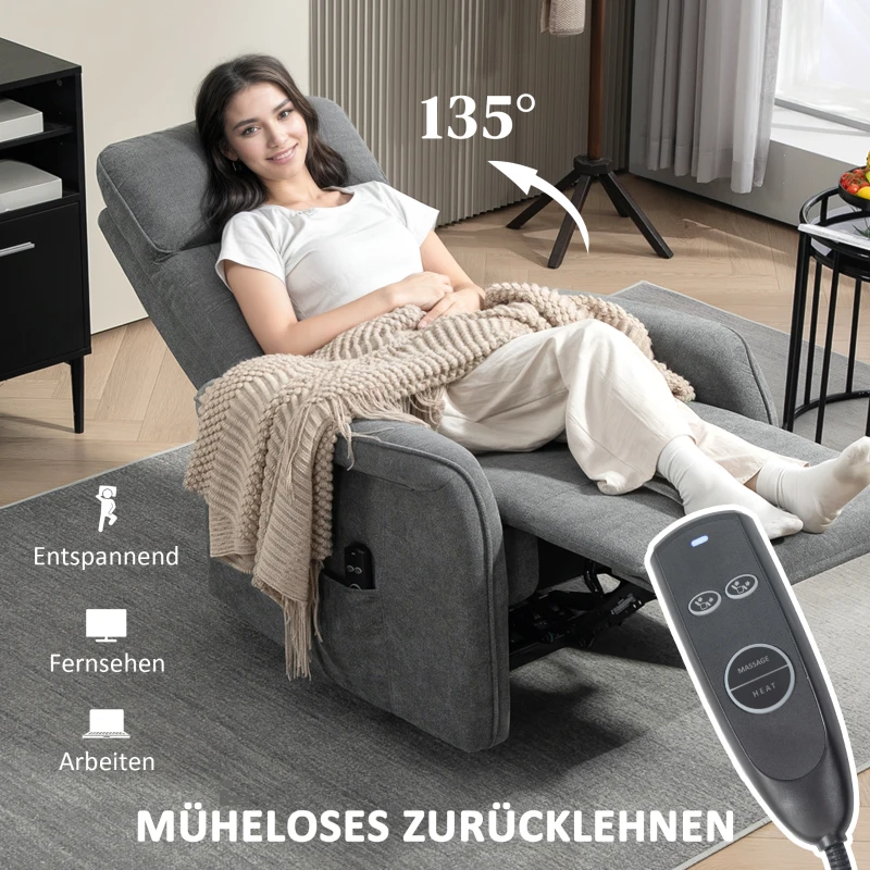 HOMCOM Massagesessel mit Fernbedienung, 8 Massagepunkte, Lendenheizung, USB-Anschluss, Seitentasche, Polstersessel, Grau(m-5)
