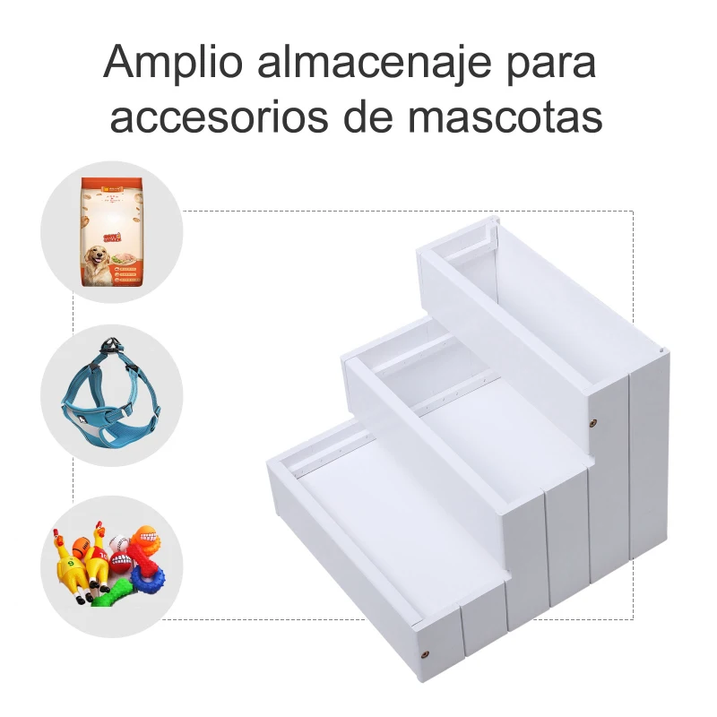 PawHut Escada para Animais de Estimação de 3 Degraus com Armazenamento e Tapete Antiderrapante 40,5x44,5x38 cm Branco
