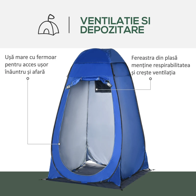 Outsunny Cort de Duș pentru Camping cu Ușă cu Fermoar, Geantă de Transport și Buzunar, 126x124x189 cm, Albastru Închis