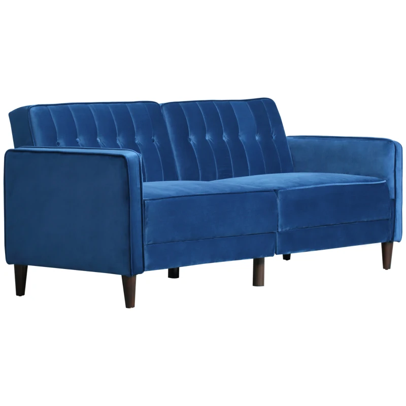 HOMCOM Modern 3 Seater Velvet Sofa Bed, Click Clack Sofa Bed, Button Tufted Sleeper Couch with Split Reclining Backrest and Rubber Wood Legs, Blue