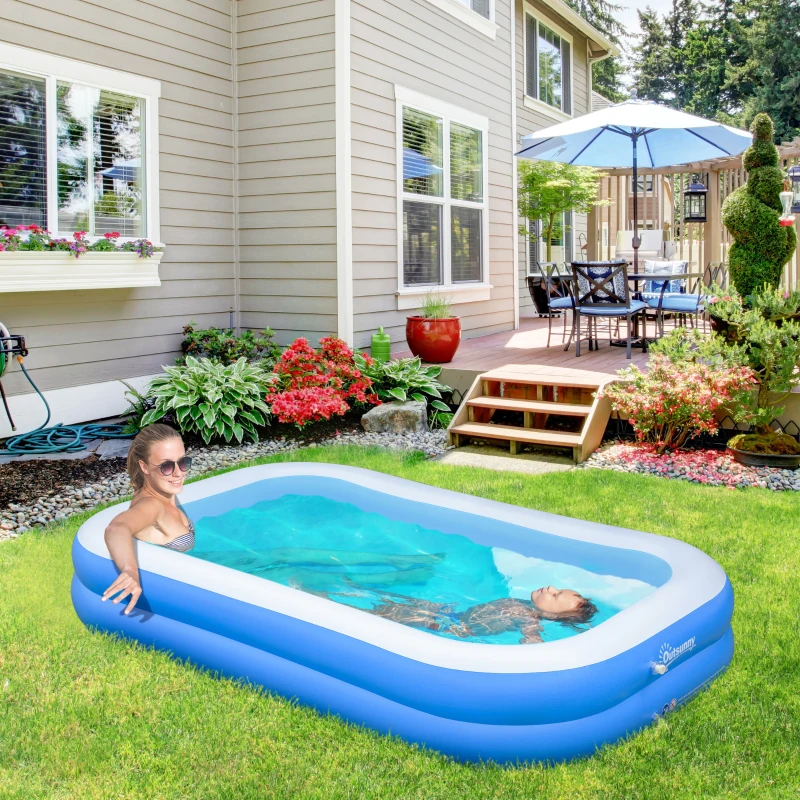 Outsunny Piscina Hinchable Rectangular 1.300 Litros 262x176x56 cm para 1-2 Personas Piscina Inflable Familiar para Adultos y Niños en Jardín Patio Exterior Azul