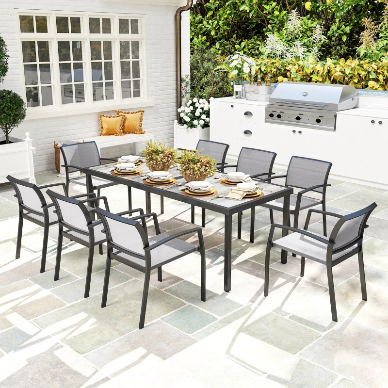Outsunny Set da Giardino con Tavolo da Pranzo Rettangolare e 8 Sedie Impilabili con Braccioli, Grigio