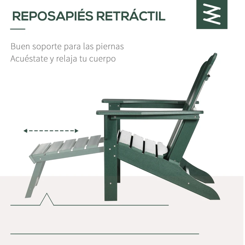 Outsunny Silla Adirondack con Reposapiés Retráctil Reposabrazos y Respaldo Alto para Exterior 78x135x95 cm Verde Oscuro