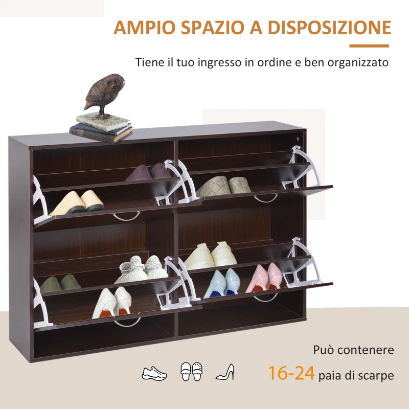 HOMCOM Scarpiera Salvaspazio da 24 Paia con Mensole Regolabili e 4 Cassetti, in Legno, 120x24x81cm, Marrone