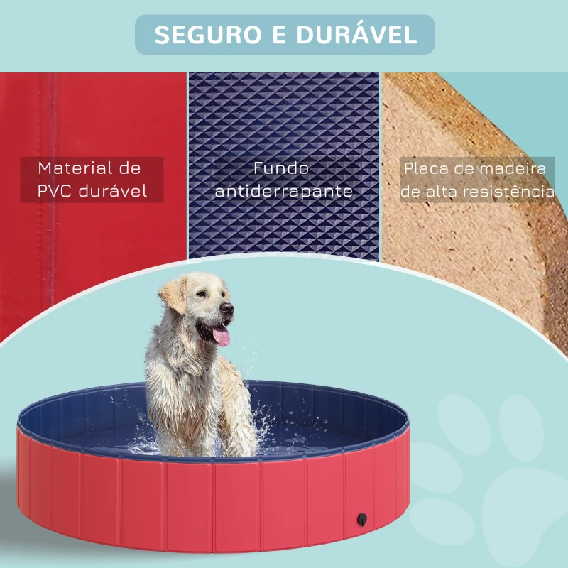 PawHut Piscina Dobrável para Cães Ø140x30 cm Banheira Portátil para Animais de Estimação Antiderrapante PVC Multiusos Cor Vermelho