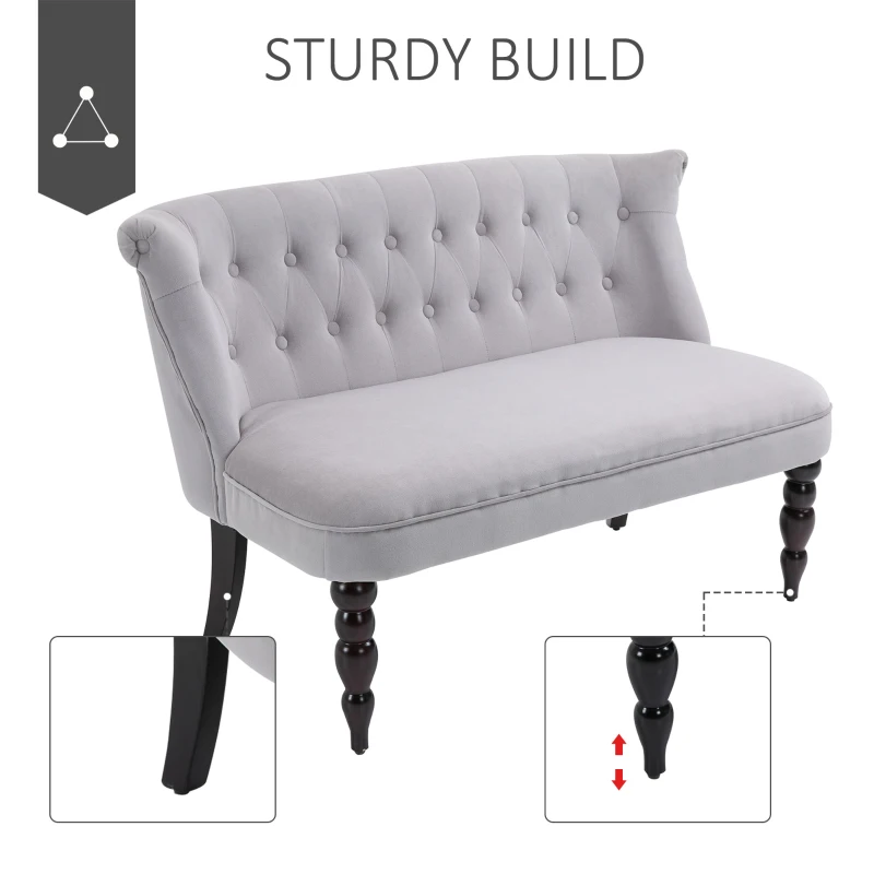 HOMCOM Loveseat with Wood Frame, Compact 2 Seater Sofa, Button Tufted Chaise Lounger with Carved Legs, Vintage Design for Bedroom Living room, Grey