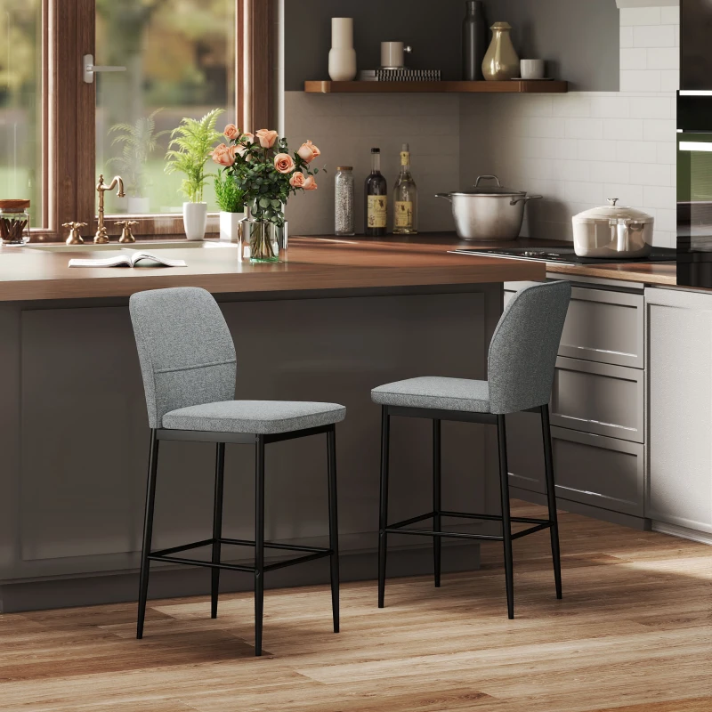 HOMCOM Set 2 Sgabelli Bar in Velluto Moderni con Poggiapiedi e Schienale, 41x52x97 cm, Grigio