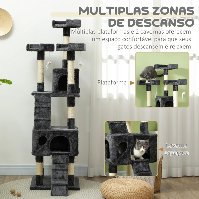PawHut Arranhador para Gatos Grande 49x49x173 cm com Múltiplos Níveis Cavernas e Brinquedos Suspensos Cinza