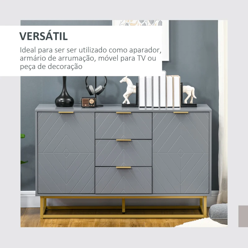 HOMCOM Aparador Auxiliar Armário de Armazenamento com 3 Gavetas e 2 Armários com Prateleira Ajustável 120x40x76 cm Cinza