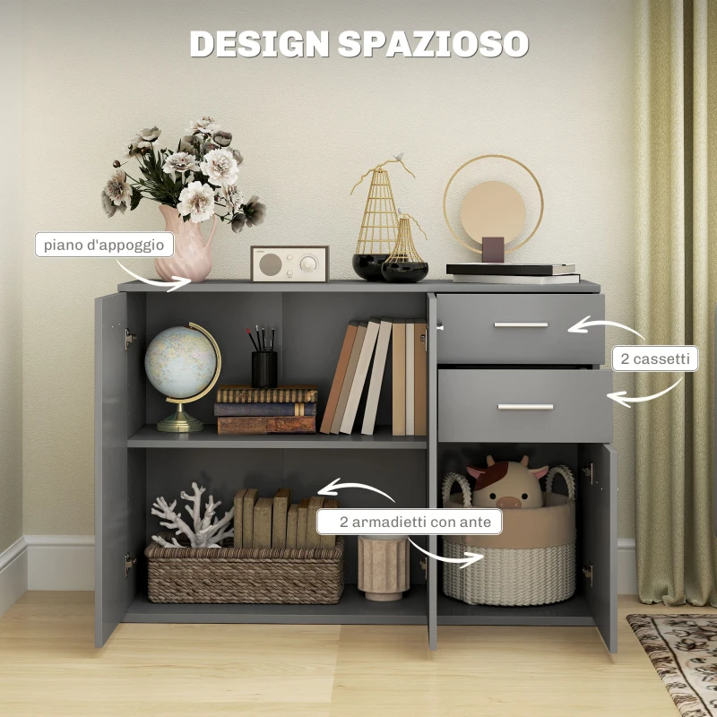 HOMCOM Credenza Moderna con 3 Armadietti e 2 Cassetti, in Legno, 106x35x76 cm, Grigio Chiaro