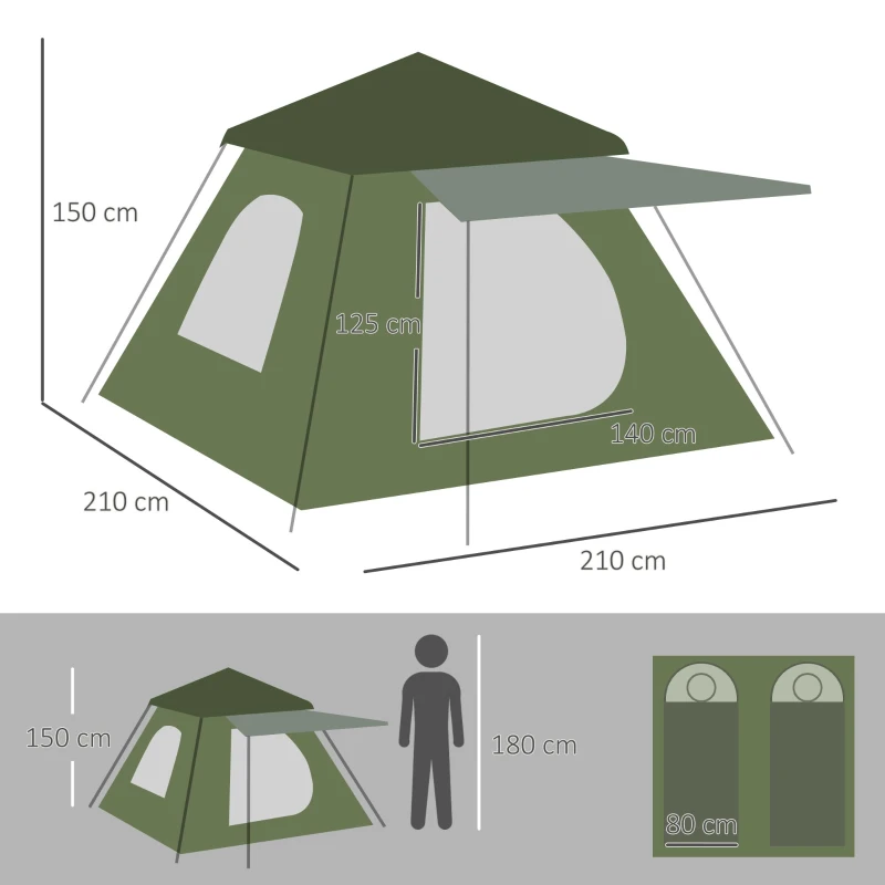 Outsunny Cort de Camping pentru 2-3 persoane cu Verandă, Ferestre și Ușă cu Fermoar, 210x210x150 cm, Verde