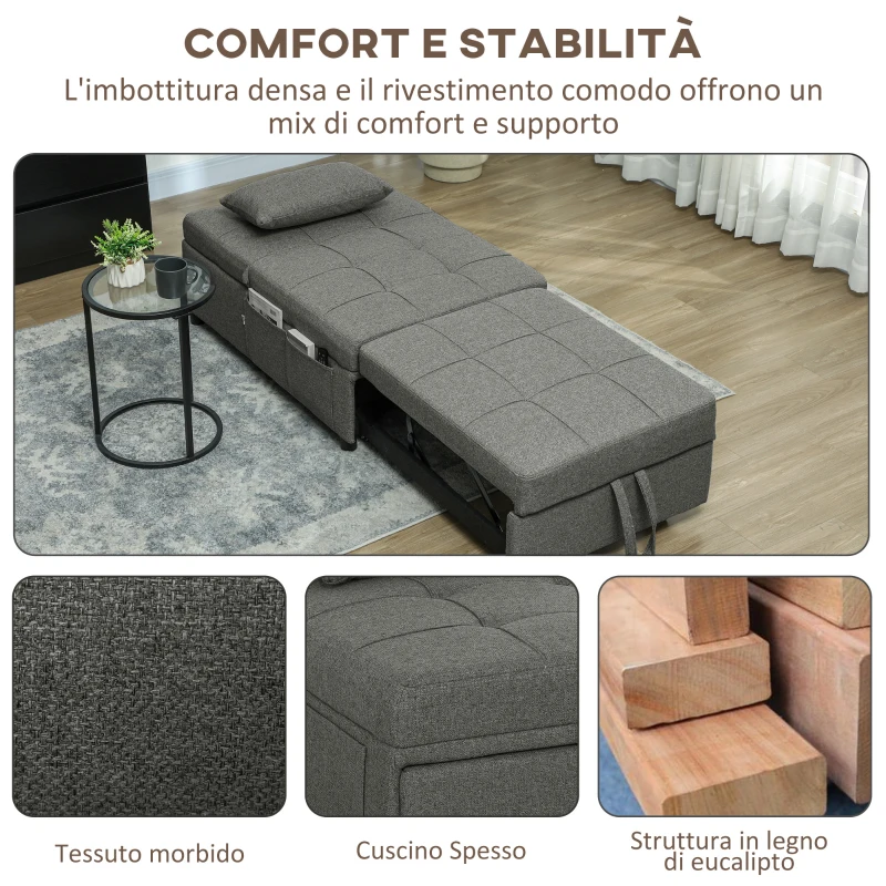 HOMCOM Poltrona Letto 4 in 1 Convertibile in Chaise Longue e Poggiapiedi con Sistema Clic Clac, Grigio