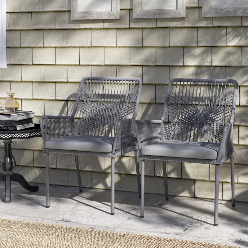 Outsunny Set van 2 Tuinstoelen, Terrasstoelen met Wasbare Kussens, Rug- en Armleuningen, Staal, Rattan, Donkergrijs