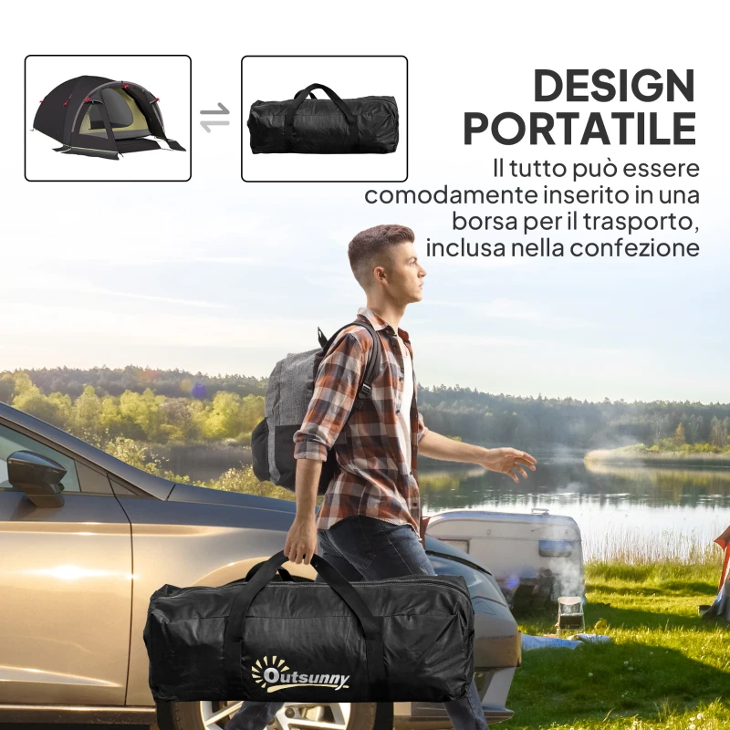 Outsunny Tenda a Tunnel per 2-4 Persone con Finestre Laterali e Gancio, in Poliestere 190T e PE, 3.3x1.9x1.2 m, Nero