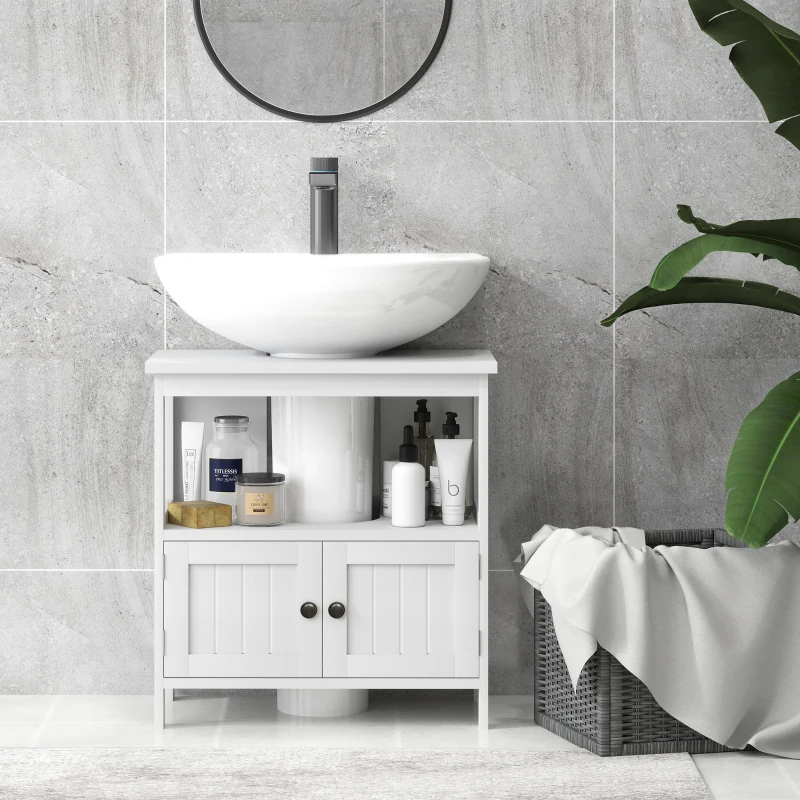 kleankin Mueble para Debajo del Lavabo con 2 Puertas y Estante Abierto Mueble para Lavabo con Pie 60x30x60 cm Blanco