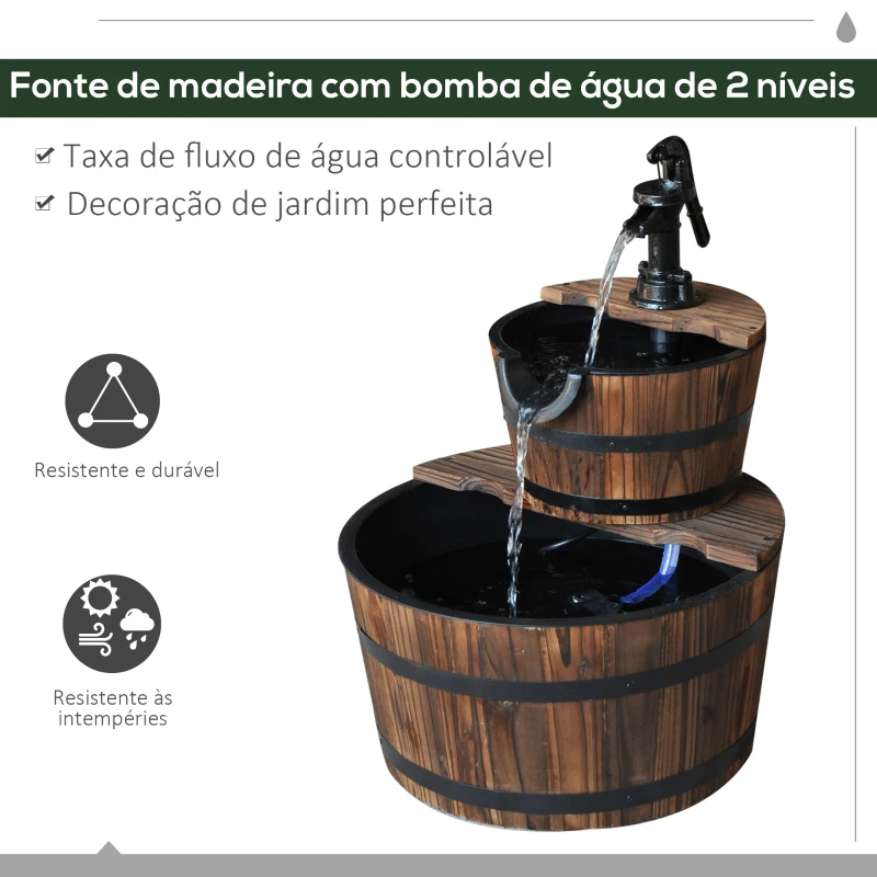 Outsunny Fonte de Água em Madeira em Cascata de 2 Níveis com Bomba Elétrica e Saída de Água Ajustável  Ø44,5x58,5 cm Madeira