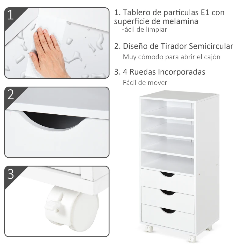 Vinsetto Móveis de escritório com 3 gavetas 4 prateleiras abertas 4 rodas 40x30x83 cm Branco