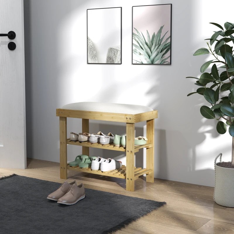 HOMCOM Banco Zapatero de Bambú con Cojín Zapatero de 2 Niveles para Entrada Pasillo o Dormitorio 60x29x49 cm Crema