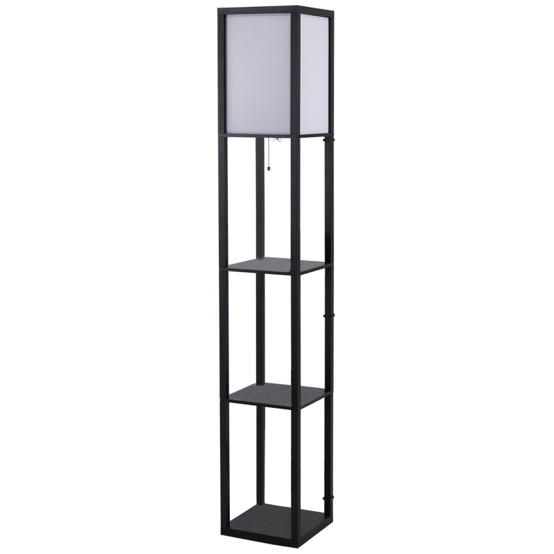 HOMCOM Candeeiro de Pé de Madeira com 3 Prateleiras De Armazenamento para Lâmpada E27 Potência Máx. 40W Candeeiro Moderno para Sala de Estar Dormitório 26x26x160cm Preto